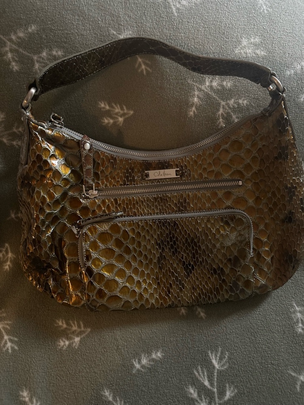 Cole Haan Croc Metallic Olive tone Croc-Embossed Shoulder Bag